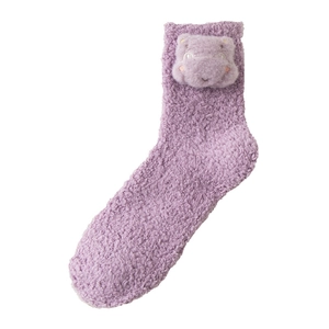 Winter fuzzy coral fleece socks in light purple featuring a 3D cute cartoon animal design