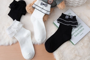 Detailed view of Lolita style socks with ruffled lace edges and checkered bows