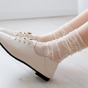 Beige lace crew socks paired with minimalist cream leather loafers for a retro style