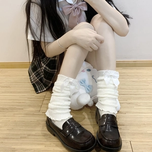 Knit Leg Warmers With Bowknot Decoration JK Uniform Style Sweet Warm Winter Cable Ribbed Long Socks Accessory For Women