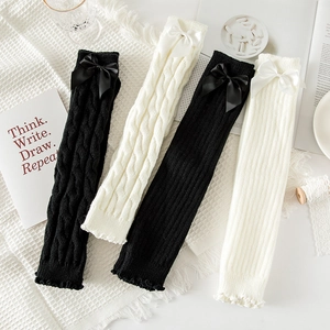 Sweet winter cable knit leg warmers with silk bows for JK uniforms in black and white