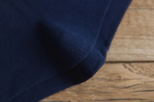 Close-up of dark blue knit fabric showing tight rib texture on high-quality cotton socks
