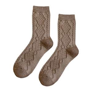 Winter wool knit crew socks featuring vintage diamond patterns in classic brown earthy tones