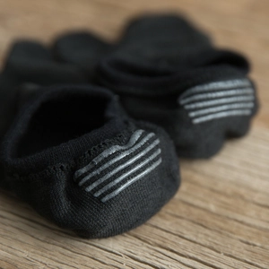 Detail of multi-layered wave silicone non-slip grips on black low-cut invisible socks