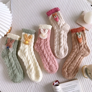 Women Mid Calf Sleeping Socks Thickened Coral Fleece Warm Home Floor Hosiery Sweet Cartoon Rabbit Carrot Japanese Style