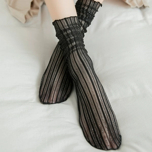 Detail of sheer black crew socks with silver silk shimmer and vertical stripe mesh pattern