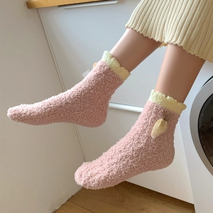 Cute pink coral fleece thermal socks for women with 3D rabbit and carrot decorations
