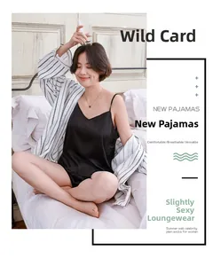 Three-piece black silk pajama set with V-neck camisole, shorts and striped robe