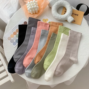 Women Mid Calf Crew Socks Breathable Cotton Blend Ribbed Knit Solid Morandi Colors Minimalist Japanese Style Girls