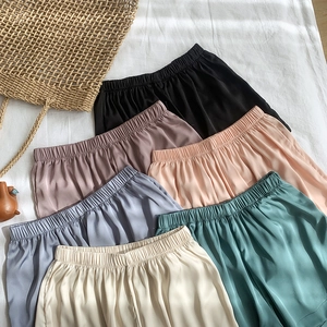 Women's summer chiffon home wear set showing colorful elastic waist wide-leg shorts