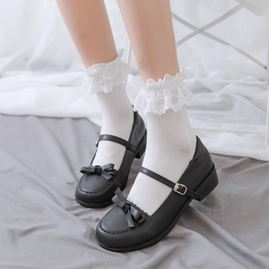 Detailed view of white mesh crew socks featuring elegant lace trim and black Mary Jane shoes