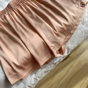 Women's summer chiffon home wear set featuring apricot pink pajama shorts and silk texture