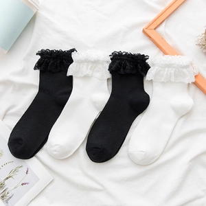 Close-up of Lolita style mesh lace trim and knit texture on white and black socks