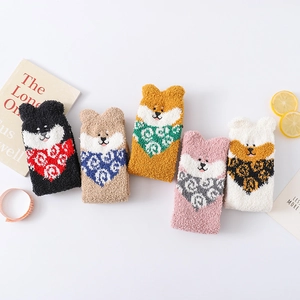 Set of five plush coral fleece winter socks featuring cute cartoon dog patterns and soft ears
