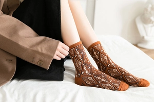 Close-up of retro geometric knit pattern on brown vintage style cotton mid-calf socks