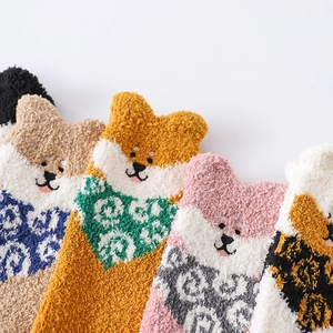 Thick coral fleece winter socks with 3D cartoon puppy ears and vibrant multi-color patterns