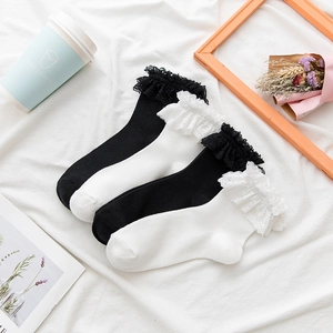Women Sweet Lolita Socks Cotton Ruffle Lace Trim Mid Calf Japanese Style Princess Hosiery