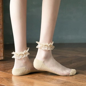 Chaussettes Lolita transparentes avec dentelle délicate et perles pour femmes en beige