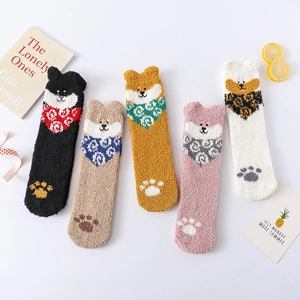 Winter Warm Coral Fleece House Socks Cute Puppy Cartoon Thickened Thermal Indoor Sleeping Floor Socks For Women