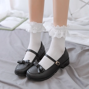 Black Lolita Mary Jane shoes with double bow and white lace mesh socks set for women