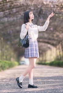 Japanese JK uniform set with white shirt, purple plaid skirt, and lace trim socks