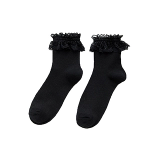 Japanese style black lace ruffle mid-calf socks for women in Lolita princess design