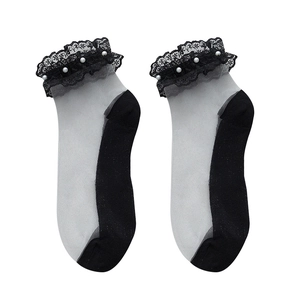 Socquettes Lolita transparentes pour femmes avec dentelle noire et perles blanches