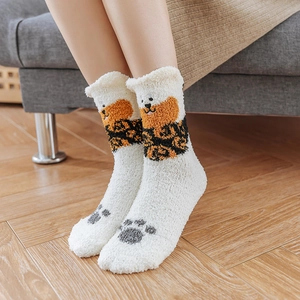 Women's warm coral fleece thermal socks with cute dog face and leopard print details