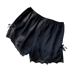 Breathable black ice silk safety shorts with delicate floral lace trim and side bows