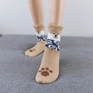 Fuzzy winter coral fleece socks for women featuring cute shiba inu dog pattern