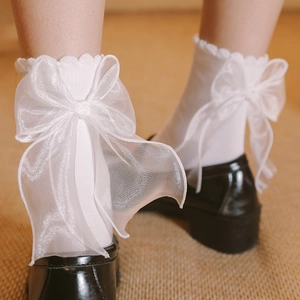 Chaussettes Lolita Femmes Coton Gros Nœud Organza Bordure Volantée Doux Uniforme JK Style Princesse Bas Respirants
