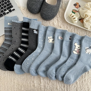 Women Slouch Socks Wool Blend Thickened Warm Mid Calf Japanese Style Cartoon Embroidery Stripes Polka Dots Soft Knit