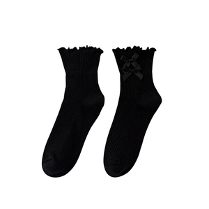 Black ribbed knee high socks with sweet ruffle cuffs and double satin bows for women