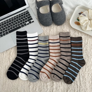 Striped Slouch Socks Women Cotton Blend Mid Calf Crew Socks Ribbed Knit Retro College Style Breathable Hosiery