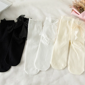 Détails de chaussettes Lolita avec de grands nœuds en organza et bordures en dentelle