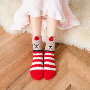 Cute Christmas bear striped coral fleece socks in cozy red and white fuzzy fabric