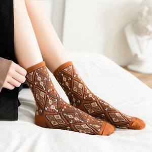 Retro Japanese argyle pattern crew socks in caramel brown with vintage knit texture