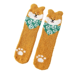 Winter fuzzy coral fleece Shiba Inu dog warm socks with cute 3D cartoon animal ear design