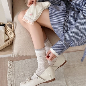 Close-up of white ribbed socks with sweet heart embroidery and wavy lace trim edges