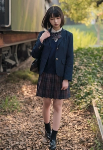 Japanese style white JK uniform lace socks styled with school outfit on a vintage train