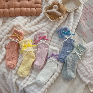 Women Coral Fleece Plush Socks Thick Warm Home Sleeping Floor Socks With Ribbon Bow Knot Accents Sweet Japanese Style