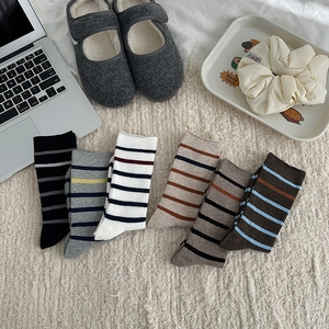 Set of 6 pairs striped cotton crew socks for women in various retro college style colors