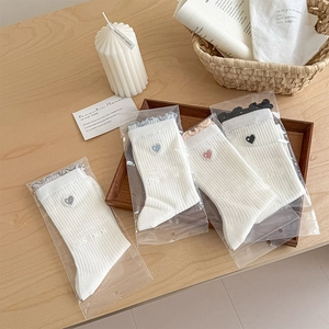 Detail of sweet cotton ruffle socks with embroidered hearts and scalloped lace trim