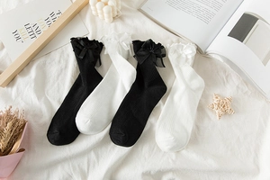 Detail of sweet Lolita style socks with lace ruffles and satin bows in black and white