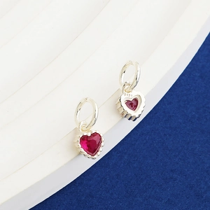 S925 sterling silver heart charms with red zircon stones for DIY jewelry making