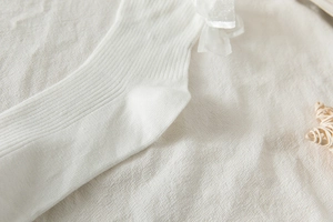 Close-up of white ribbed knit socks featuring delicate lace and satin bow detailing