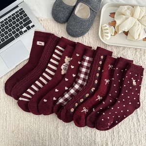 Korean Sweet Bow Slouch Socks Women Winter Warm Thickened Polyester Wool Red Embroidered Heart Bear Middle Tube Socks