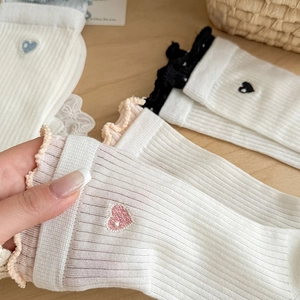 Detailed view of heart embroidery and ruffled lace edge on sweet ballet style socks