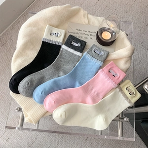 Women Mid-Calf Socks Cotton Breathable Japanese Sweet Style Plush Trim Cartoon Animal Embroidery Ribbed Hosiery