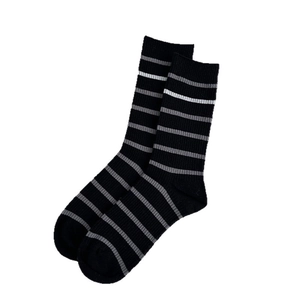 Classic black and grey striped mid-calf knit socks with ribbed cuffs on white background